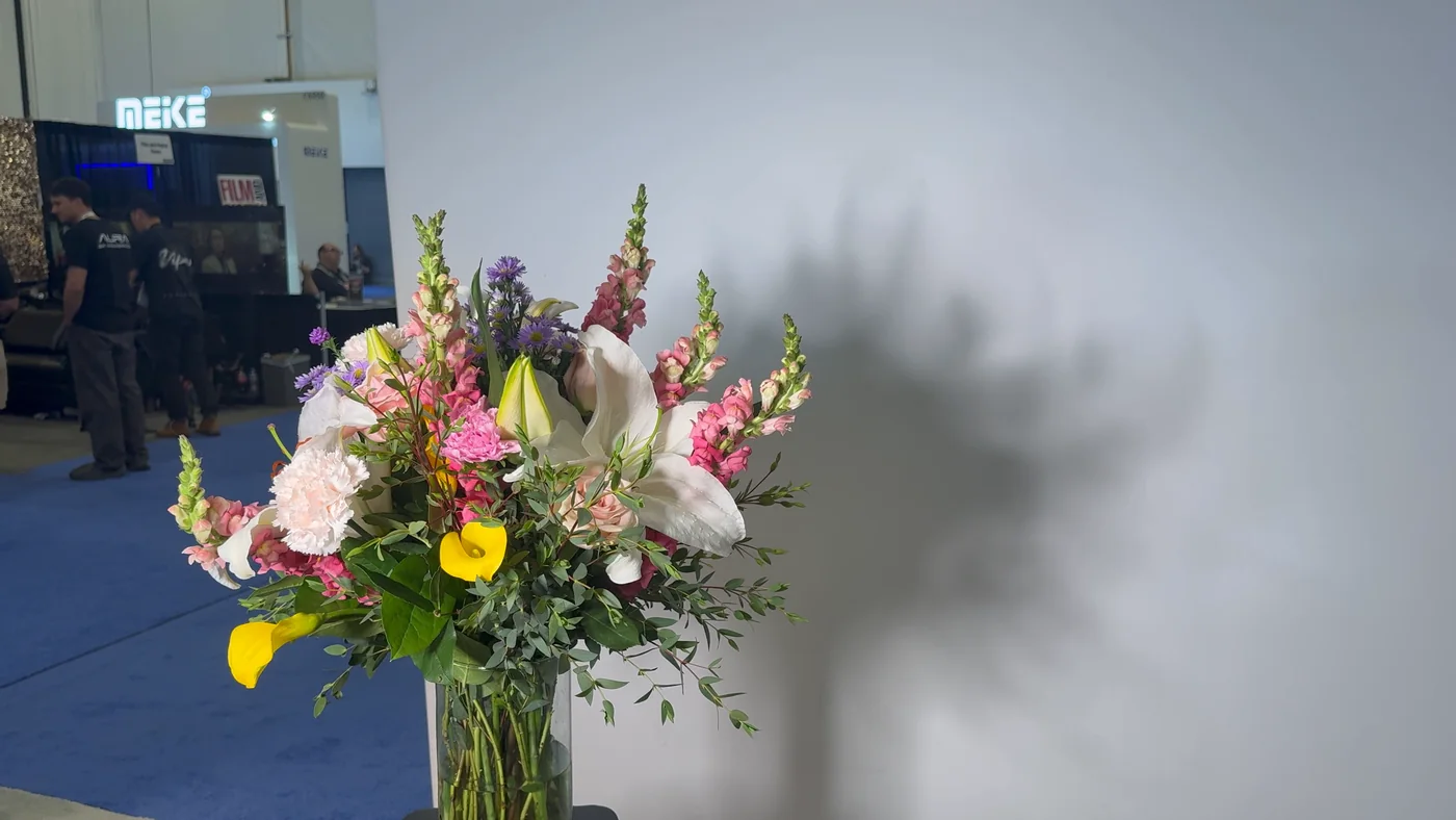 The same bouquet lit by the soft ring alone: the shadow on the wall is barely perceptible, with no edge left